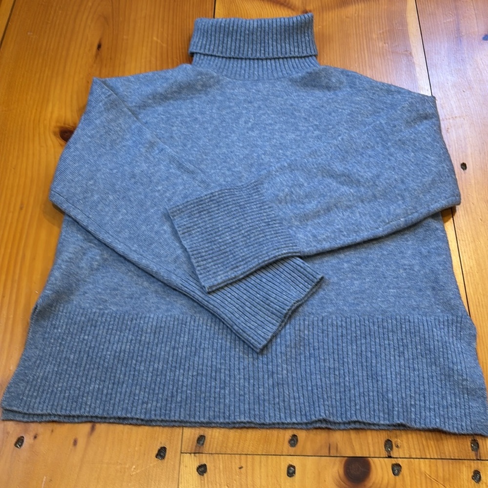 J CREW S Blue Ribbed Trim Turtleneck Merino Wool Yak Sweater Wide Cuff